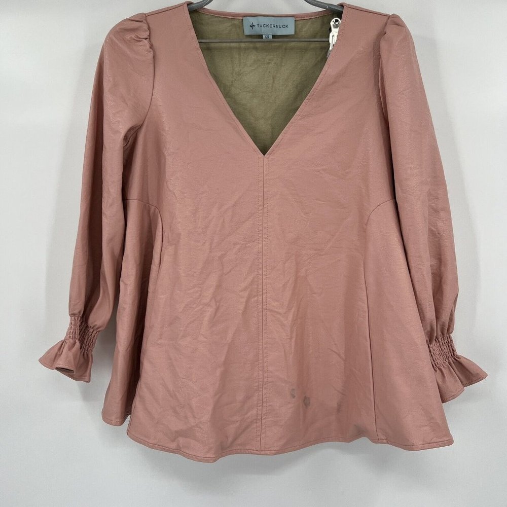 Tuckernuck Women's Pink Faux Leather Easton Blouse Ruffle Sleeve Swing Top XS **
